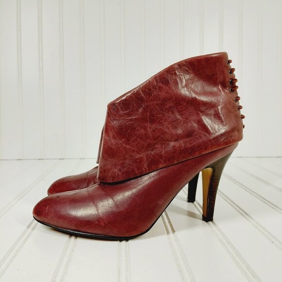 Nine West Burgundy Brown Leather Side Zip Fold Over Lace Back Heel Boots I140 - Picture 1 of 11